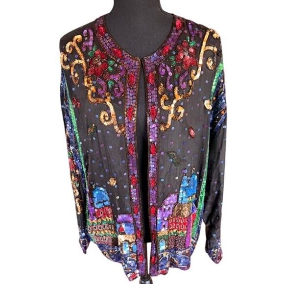 Vintage Sequin Together! Wearable Art Silk Jacket Storybook Cityscape Size M - Picture 2 of 8